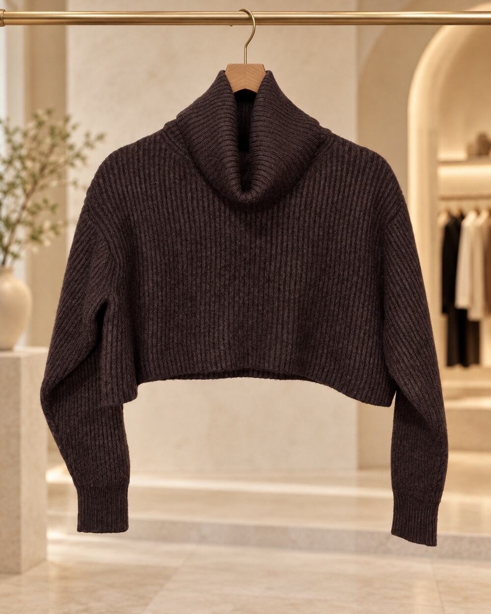 Babaton Merino Wool Cropped Cowl Neck Ribbed Sweater Dark Brown Size S Chic Glam